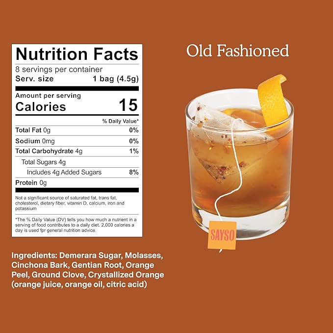 SAYSO Old Fashioned Original Craft Cocktail Tea Bag | Under 1 Min (With Bitters & Orange) | Steep in Whiskey & Cold Water |Organic, Certified Gluten-free & Non-GMO| (<4G Sugar, 15 Calories), 8 count