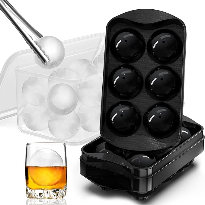 Whiskey Ice Ball Maker with Lid and Bin, 1.9" Round Ice Cube Trays for Freezer, Large Sphere Whisky Ices Cubes Tray Circle with Bucket&Tong, Cocktail Bourbon Brandy Scotch(Black-6 Balls*2 Pack)
