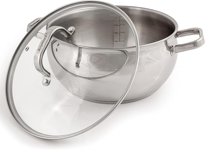 BergHOFF Belly Shape 18/10 Stainless Steel 9.5 inches Stockpot 5.5qt., Glass Lid with Steam Vent, Fast, Evenly Heat, Induction Cooktop Ready