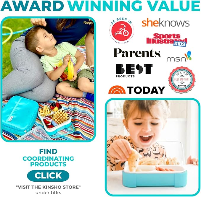 kinsho Stainless Steel Bento Lunch Box Set for Kids Babies - Insulated Bag - Leak-Proof Metal Compartment Meal Prep Food & Snack Containers for Work Travel School Toddler Daycare 24 oz Baby Teal Blue