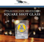 Heritage Pewter Appalachian State University Square Shot Glass | Hand-Sculpted 1.5 Ounce Shot Glass | Intricately Crafted Metal Pewter Alma Mater Inlay