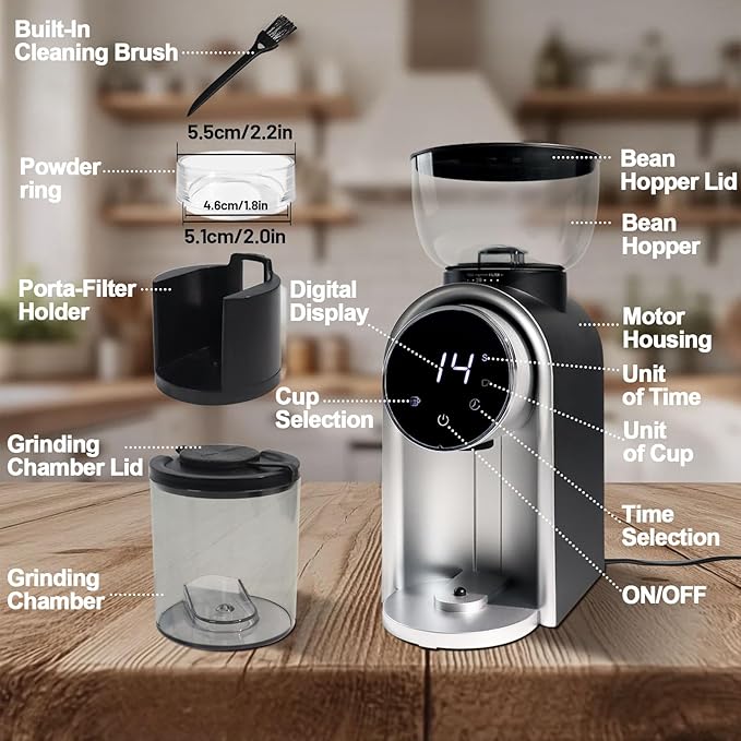Electric Coffee Grinder Touchscreen 2-14 Cup Conical Burr Coffee Grinder with 25 Grinding Settings Cleaning Brush Grindable Espresso Drip Coffee French Press for Home Use 110V Black