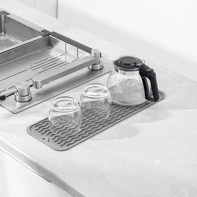 Silicone Dish Drying Mat for Multiple Usage,Easy clean,Eco-friendly,Heat-resistant Silicone Mat for Kitchen Counter,Sink,Bar,Bottle,or Cup Grey M 17 inches x 6 inches