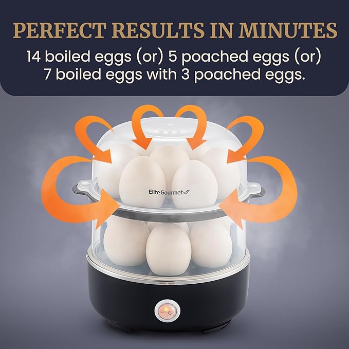 Elite Gourmet EGC1215B Easy Egg Cooker, Stainless-steel Heating Plate, Two-Tiered, 14-Egg Capacity, Soft, Medium, Hard-Boiled, Auto Shut-Off, Omelets, Poached Eggs, Measuring Cup, Piercing Pin, Black