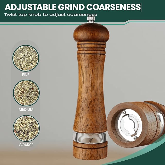 2-Piece Salt and Pepper Grinder Set, 8 Inch Wooden Salt and Pepper Mills with Adjustable Coarseness, Refillable Manual Pepper Mill Grinder for Home Cooks (Brown)