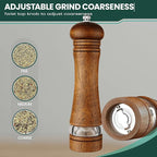 2-Piece Salt and Pepper Grinder Set, 8 Inch Wooden Salt and Pepper Mills with Adjustable Coarseness, Refillable Manual Pepper Mill Grinder for Home Cooks (Brown)