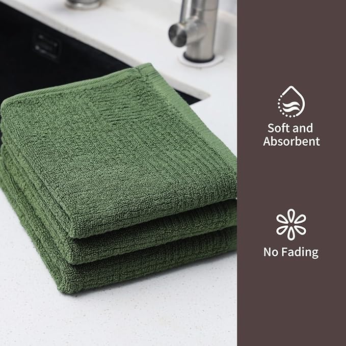 Glynniss Kitchen Cloth Dish Towels, 3 Count, Green, 16x26, 100% Cotton, Terry, Solid Green, Heavyweight