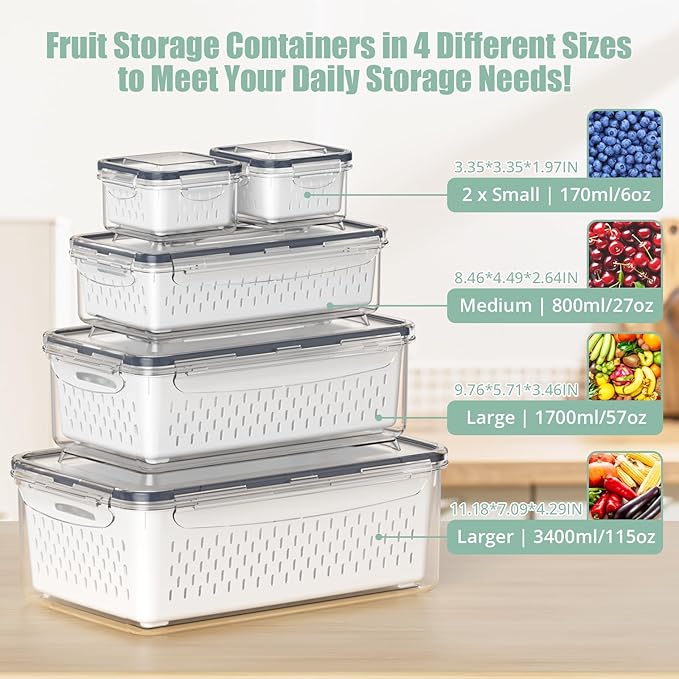 5 Pcs Fruit Storage Containers For Fridge with Removable Colander and Handle Lid, Refrigerator Organizers and Storage, Airtight Container to Keep Berry Fruit and Vegetable Fresh Longer Dishwasher Safe