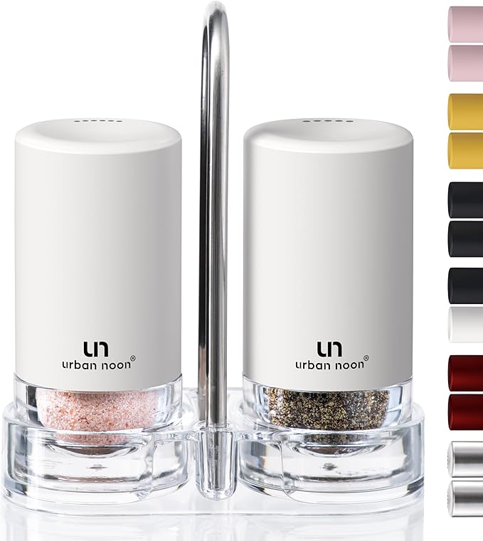 White Salt and Pepper Shakers with Holder - Elegant Stainless Steel Salt Shaker and Pepper Shaker Set with Acrylic Holder for Kitchen Counter or Restaurant Table