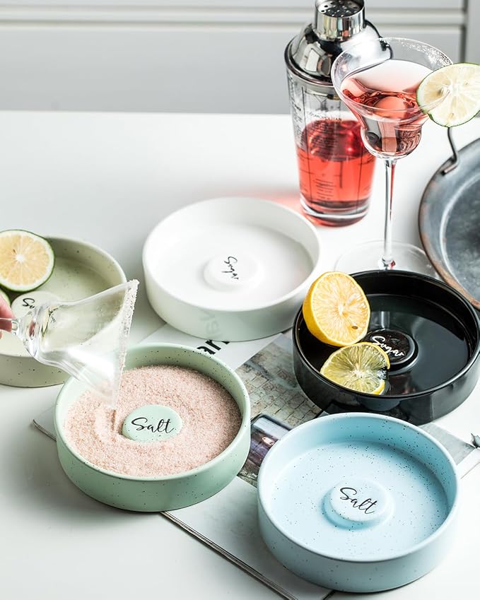 Margarita Salt Rimmer Set, Ceramic Bar Glass Rimmer for Margarita and Cocktail Bartender Tool Salt Box Spice Container Bar Decor for Home Set of 2, White