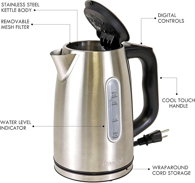 Kenmore Kettle - Digital Cordless Electric Kettles for Instant hot tea & coffee stainless steel automatic shut-off temperature control for boiling water spout filter countertop kitchen appliance 1.7L