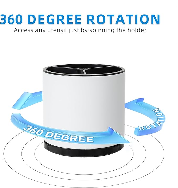 Kitchen Utensil Holder Silverware Organizer 360°Rotating For Counter Organizer Stainless Steel Storage Silverware Caddy 3 Compartment Flatware Spoon Spatula Tool Cutlery Container（White）