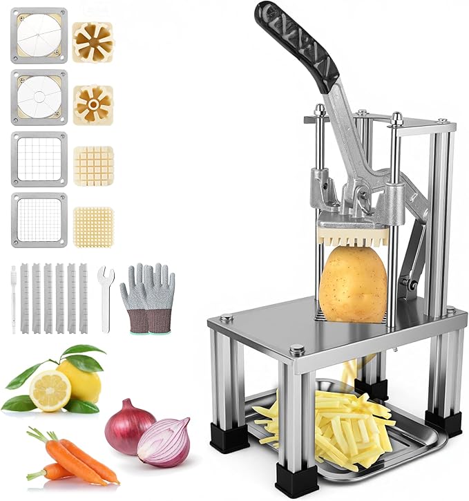 Commercial French Fry Cutter with 4 Replacement Blades, 1/4" and 3/8" Blade Easy Dicer Chopper, 6-wedge Slicer and 6-wedge Apple Corer, Lemon Potato Cutter