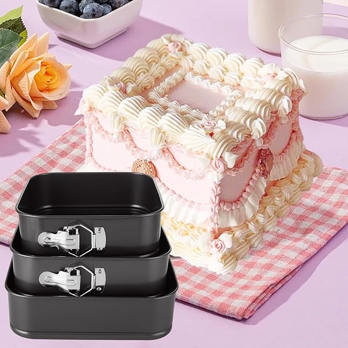 3Pcs Springform Pan, Square Cake Pan Nonstick Cheesecake Pans, Bakeware with Removable Base, Nonstick Leakproof (8, 8.5, 9.5 Inch)