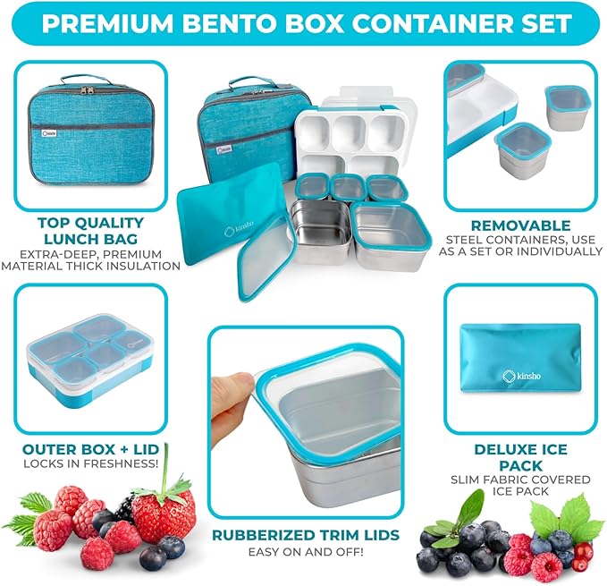 Stainless Steel Kids Bento Lunch-Box with Lunch Bag Ice Pack for Toddler Kids Adult, Leak-Proof School Lunch Container Boxes, Snack Food Containers for Daycare, 5 Compartment Snackle-Box 34 oz Blue