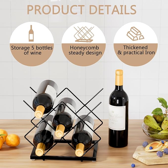 Urban Deco Small Wine Rack 5 Bottle Holder - Modern Metal Wire Wine Storage for Countertop Table Top Coffee Bar Kitchen, Black