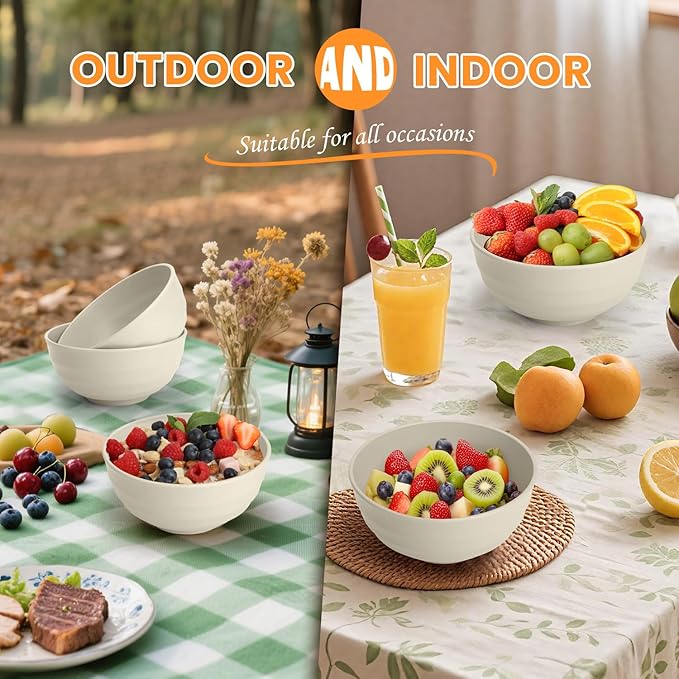 Homienly Unbreakable Large Salad Bowls Set of 6, 60oz Large Wheat Straw Bowls for Cereal, Salad & Pho, Ideal for RV & Camping, Microwave Safe Alternative to Plastic Bowls - Beige