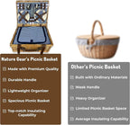 Nature Gear Picnic Basket, Wicker Basket with Handle for Outdoors, Insulated Woven Basket, Includes a Service Kit of Dinnerware & Wine Glasses, Picnic Basket Set for 4 with Blanket, Blue & White