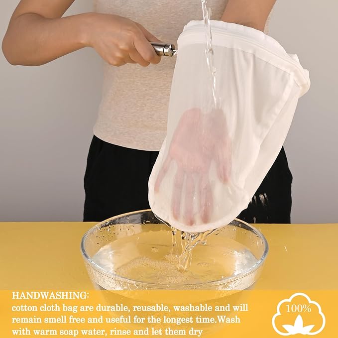 WMKGG Ultra Fine Mesh Strainer Bags,Cheese Cloth Bag for Straining, with Stainless Steel Handle Frame for Juices,Nut Milk,Fresh Cheese,Yogurt (Small Size)(4.95"Wx9.6"D)