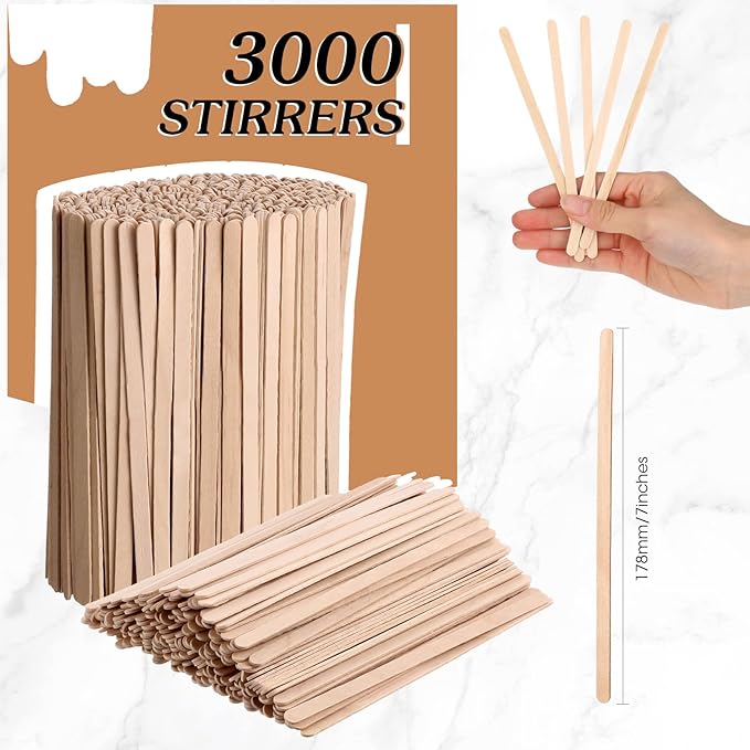 3000 Pack Birch Wood Coffee Stir Sticks 7 Inch Disposable Wooden Coffee Stirrers Bulk Cakesicle Sticks Long Tea Stirring Stick Round End Swizzle Beverage Mixer for Cocktail Hot Chocolate Drink Summer