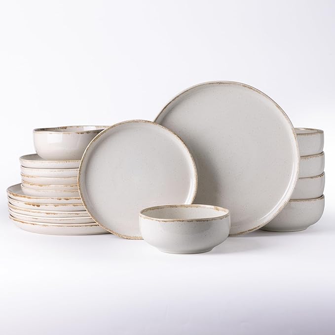AmorArc Ceramic Dinnerware Sets, Wavy Rim Stoneware Plates and Bowls Sets, Highly Scratch Resistant | Dishwasher & Microwave Dishes set, Service for 8 (24pc)-Speckled Cappuccino
