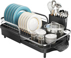 Dish Drying Rack, Expandable Dish Rack for Kitchen Counter, Stainless Steel Dish Drainer with Drainboard Set and Utensil Holder (Black)