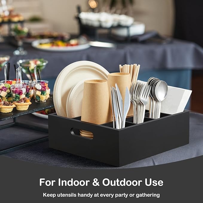 Wood Utensil Holder for Party, 6-Compartment Paper Plate Organizer with Handles, Wooden Silverware Caddy for Picnic, Camping, BBQ, Buffet, and Kitchen Countertop Organization, Black