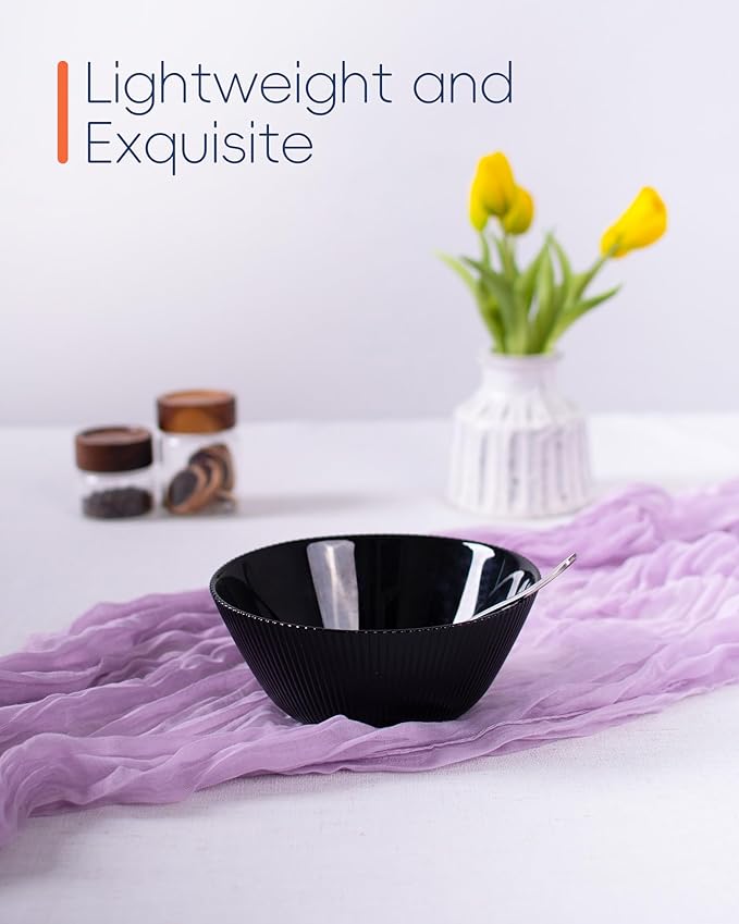 30 OZ Max Cereal Soup Bowl Set of 6, Opal Glass 7.2 inch Black Ribbed Bowls for Ramen, Noodle, Salad, Fruit, Dishwasher and Microwave Safe