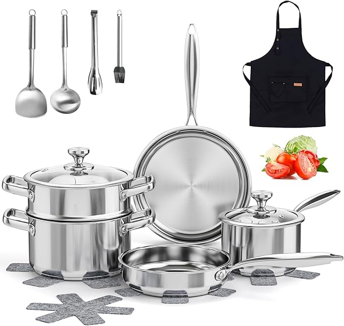 Stainless Steel Cookware Set, 16-Piece Pots and Pans Set Non Toxic, Kitchen Induction Cookware with Glass Lids, Steamer, Utensil Sets, Pot Protectors & Apron, Oven & Dishwasher Safe, Silver