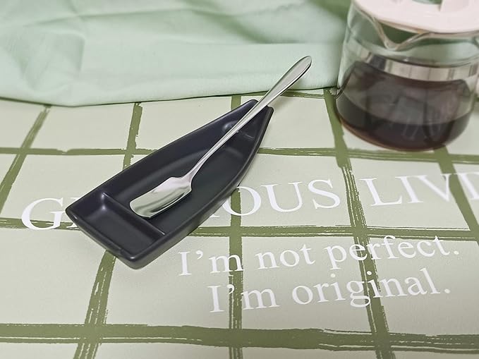 Coffee Stirring Spoon and Rest for Coffee Bar Accessories, Small Spoon Rest for Coffee Station, Coffee Spoon Holder for Coffee Bar Tea Spoon Teaspoon Rest, 1 PC (Oar Spoon with Retro Black Boat Rest)