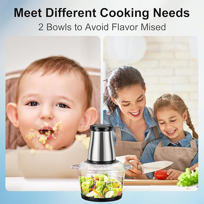 2-Speed Food Processor, Electric Meat Grinder Food Chopper with 8 Cup Glass Bowls& 8 Cup Stainless Steel Bowl for Kitchen, Vegetable, Onion, Garlic, Salad, Fruit, Nuts