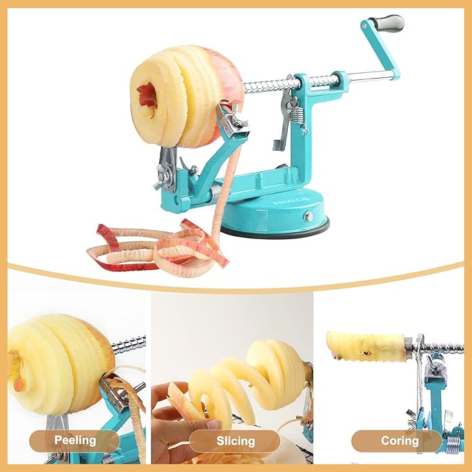 Apple Peeler Slicer Corer with Stainless Steel Blades and Powerful Suction Base for Apples Pears Potatoes(Blue)
