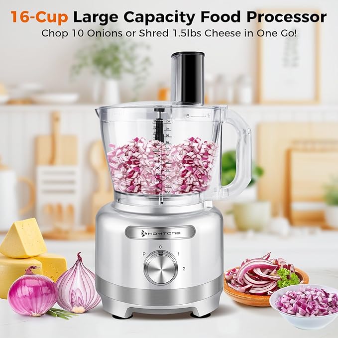 Homtone 16 Cup Food Processor, 9 Functions 7 Blades 3 Speeds for Shredding, Slicing, Doughing, Emulsfying and Meat Vegetable Chopping for Home Use, 600W (Sliver)