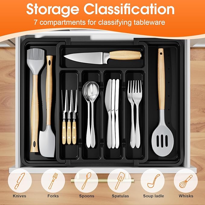 Silverware Organizer，Adjustable & Expandable Utensil Drawer Organizer, BPA Free Utensil Holder, Cutlery Tray for Forks, Spoons, Knives in Kitchen, Medium, Black