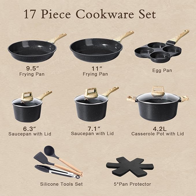 GiPP Ceramic Pots and Pans Set Non Stick - 17 Pcs Nonstick Cookware Set, Non-toxic Healthy Kitchen Cooking Set w/Frying Pans Set, Dishwasher Safe, PFAS PTFE PFOA PFOS Free