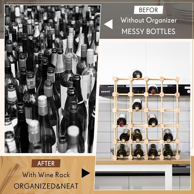 Juexica 12 Bottles Wooden Wine Rack Stackable Modular Storage Racks DIY Assembly Wine Bottle Holder for Inside Cabinet Countertop Cellar Racks(2 Pack)