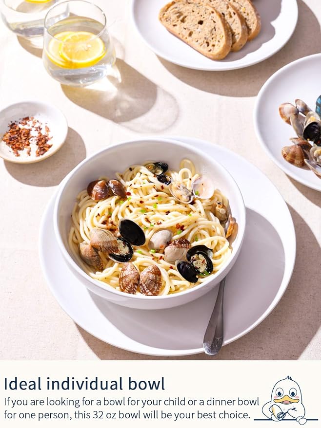 LE TAUCI Pasta Bowls 32 oz, Salad Bowls Set for Serving Soup, Pasta, Noodle, Dinner, Large Kitchen Bowl Plates, Microwave Safe - 7.8 Inch, Set of 4, White