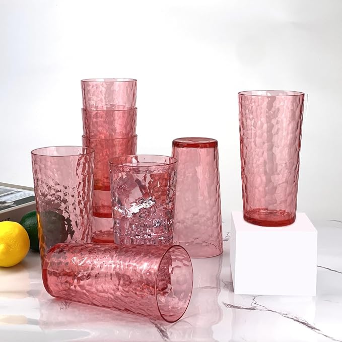 Yalin 24-Ounce Plastic Tumbler Acrylic Drinking Glasses, Reusable Plastic Cups, Stackable, BPA-Free, Shatter Proof, Dishwasher Safe, Set of 8 (Pink)