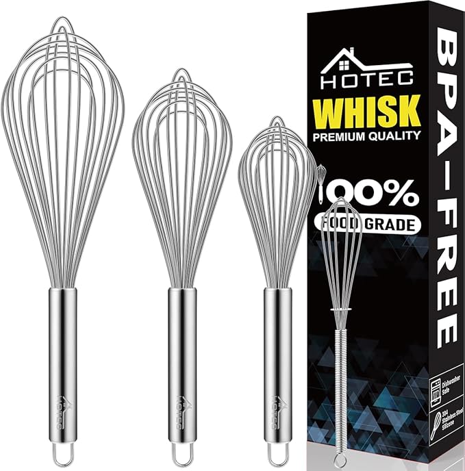 HOTEC 4 Pieces Stainless Steel Whisks Set Wire Whisk Balloon Whisk Egg Beater Kitchen Utensils for Stirring, Beating, Blending