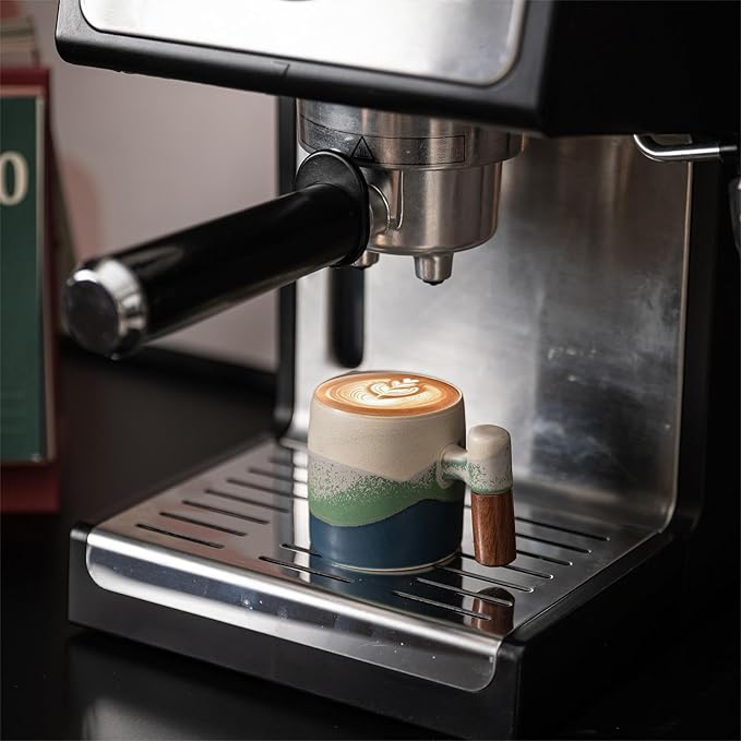 2-Oz Ceramic Espresso Cups with Wood Handle, 2/4-Piece Set for Coffee, Tea, Latte - Dishwasher Safe, Multi-Color & Wood Styles, Gift & Café Use (Kiln turning blue, Wooden Handle2)