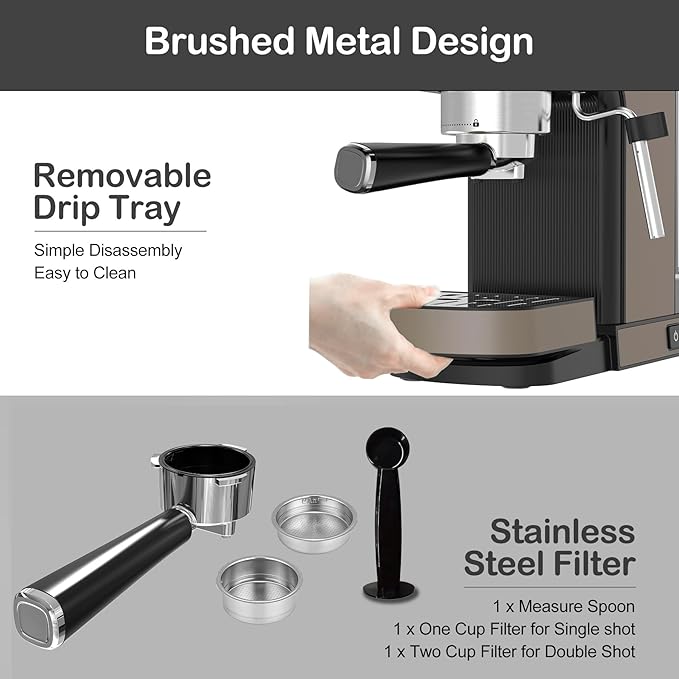 VEGETA Coffee Machine, 1350W Espresso Machine with Milk Frother, 20 Bar Coffee Espresso Machine for Cappuccino, Latte, Brown