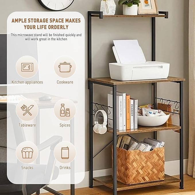 Baker's Rack with Power Outlet, 4-Tier Standing Kitchen Rack Microwave Stand Storage Shelves, Coffee Bar Station Cabinet Table, Heavy Duty Kitchen Organizer for Coffee Bar, Bread