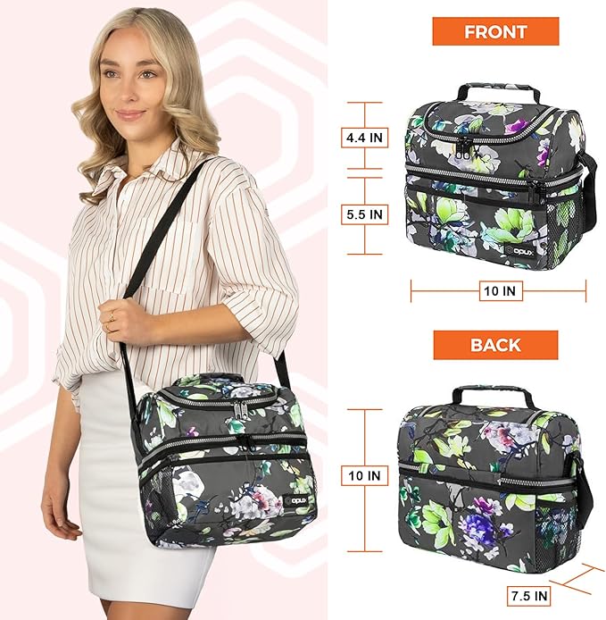 OPUX Lunch Box For Women, Insulated Large Lunch Bag Adult Work, Double Decker Lunchbox Meal Prep, Dual Compartment Leakproof Lunch Cooler, Lunch Pail Tote for Girls Kids School, Floral Gray 16 Cans