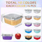 Aoriher 150 Pieces 10 oz Mini Cake Pans with Lids Aluminum Foil Baking Cups Square Disposable 4" x 4" Large Cupcake Cups Baking Tins for Kitchen Brownie Pudding Desserts Holders(Colored)