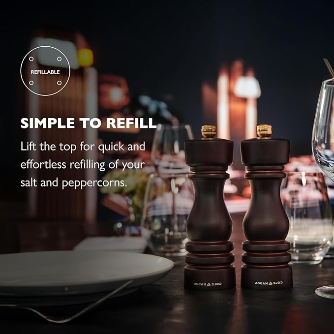 Cole & Mason London Refillable Spice Mill - Kitchen & Home Accessory - Salt & Pepper Grinder Set - Salt Mill with Ceramic Mechanism - Pepper Mill with Carbon Steel Mechanism - 7", Chocolate Wood