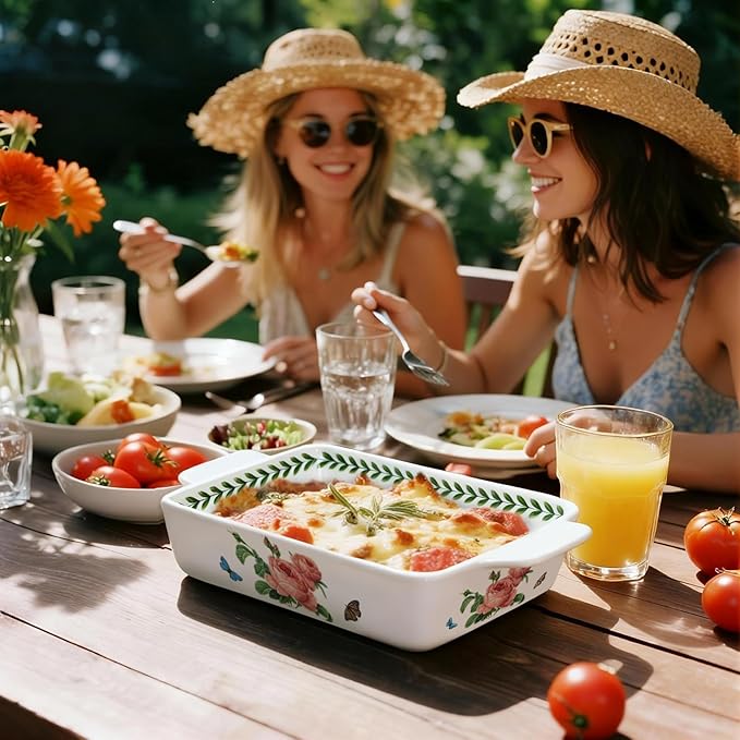 ACMLIFE Ceramic Casserole Dish for Oven, Floral Baking Dishes for Oven Lasagna Pan, Large Baking Dish with Handles, Durable and Oven Safe Pan, for Roasting and Baking, Gift Packaging 2 Pcs Set(13"x8"+10.3"x6.3") (Rose)