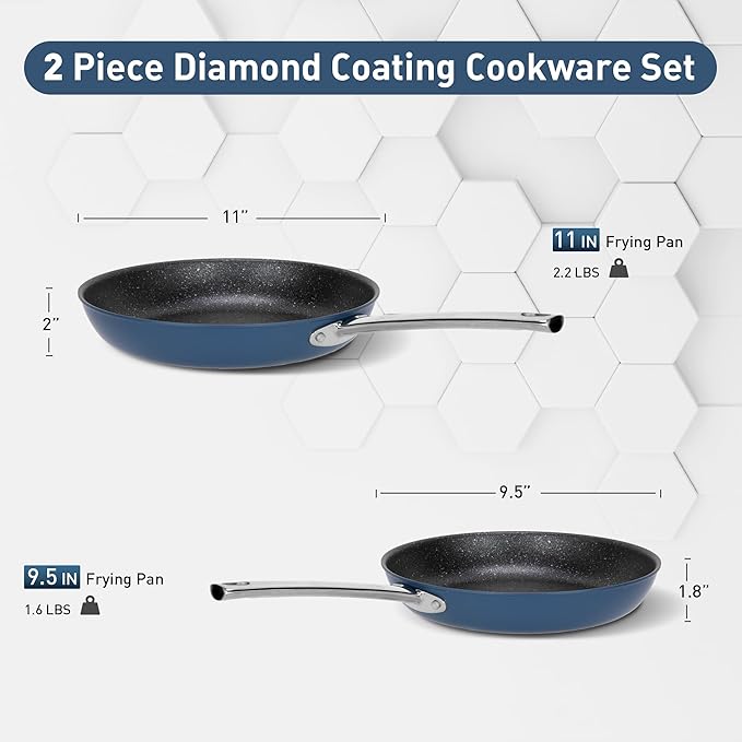DishDelight Pots and Pans Set Nonstick, 9,11 Inch Frying Pan Set, Induction Ceramic Frying Pans with Stay-Cool Handles, Added Plasma Diamond, Blue