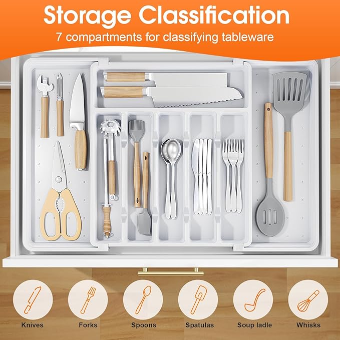 Silverware Organizer，Adjustable & Expandable Utensil Drawer Organizer, BPA Free Utensil Holder, Cutlery Tray for Forks, Spoons, Knives in Kitchen, Large, White