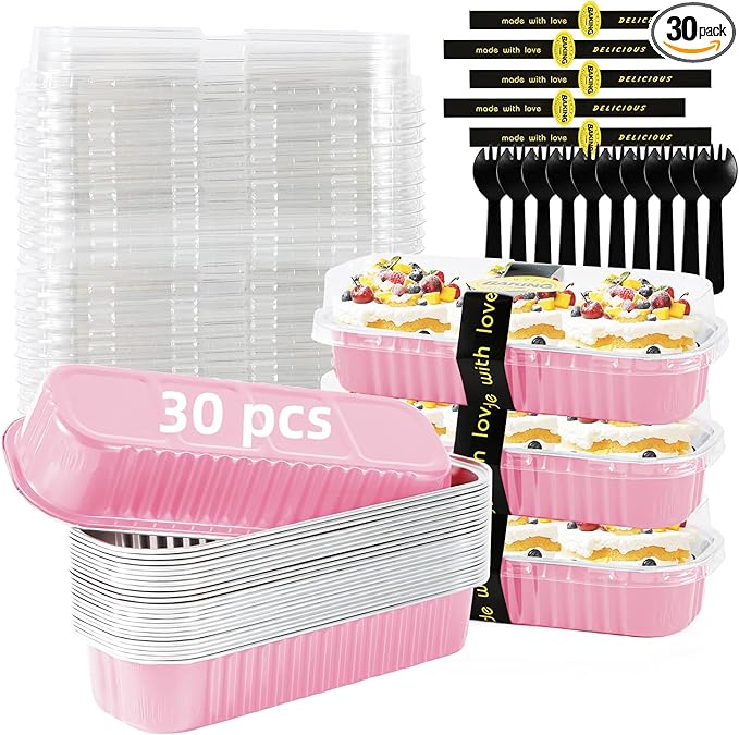 30 Pack Pink Disposable Rectangular Aluminum Foil Loaf Pans with Lids,6.8oz Mini Cake Pans for Baking, Loaf Baking Pans, Small Cake Container