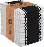 Native Fab Black Kitchen Towels 18x28 Inch, 12 Pack, Wide Stripe, Highly Absorbent, Quick Dry, Durable, Cotton Dish Towels for Wiping Hands, Drying Dishes, Counter Cleaning Dishcloth Set - Black